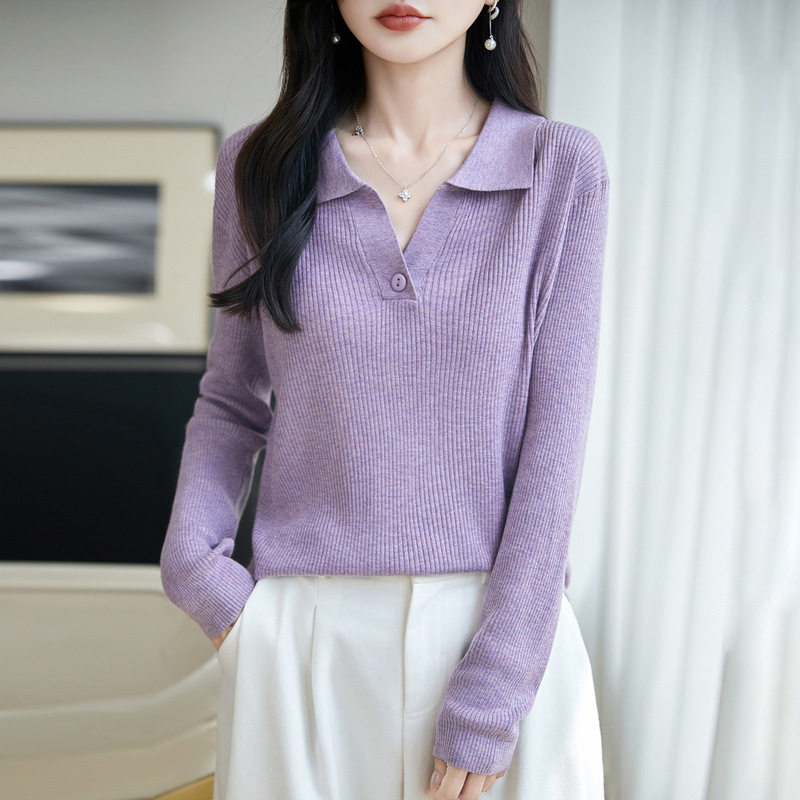 2026 Fall/Winter New Fine Wool Turn-Down Collar Knit Sweater Long Sleeve Women's Solid Color Loose Ribbed Base Shirt Top