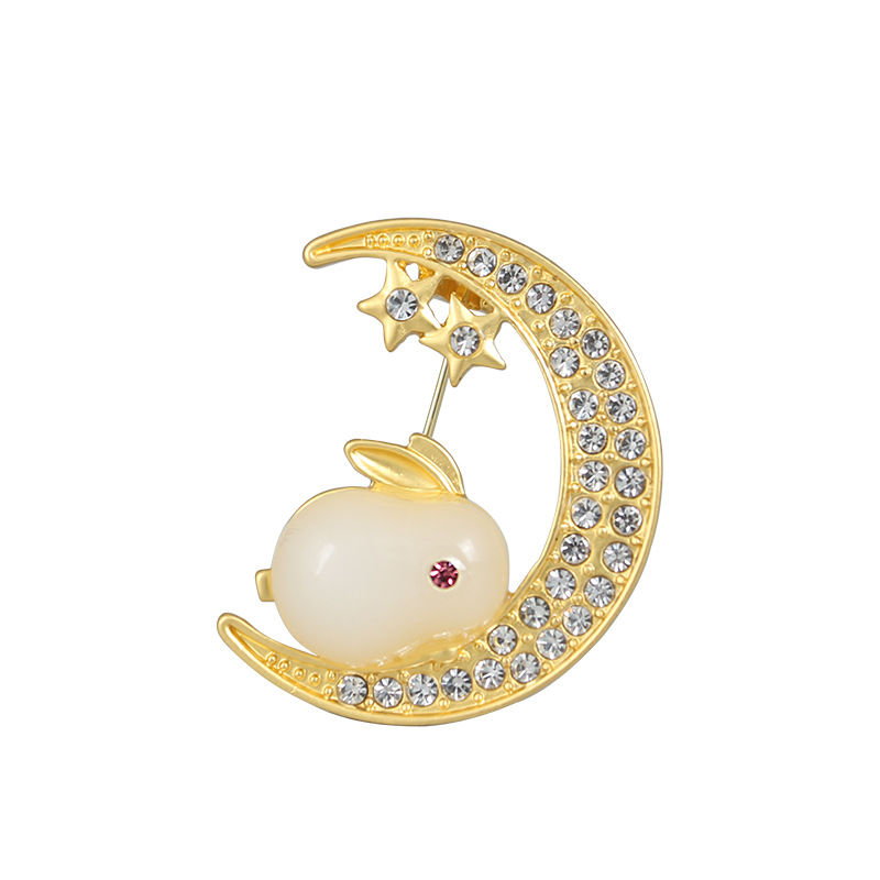 Brooch women moon rabbit brooch wholesale high end anti exposure pin buckle suit fixed clothing accessories collar pin_voghion.com
