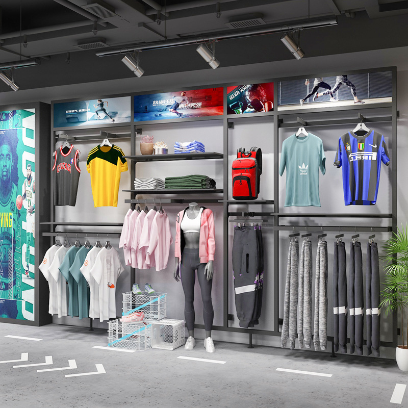 Hombres deportes al aire libre tienda de ropa estante de exhibición montado en el suelo de la pared zapatilla de deporte percha de hierro