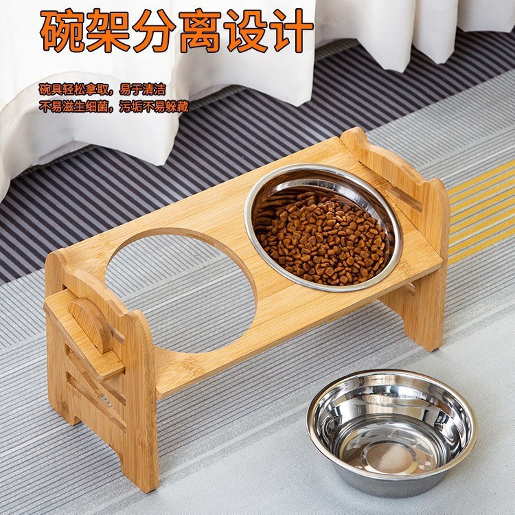 Comida de comida para perros de bambú y madera para mascotas, soporte de doble tazón, rack de alimentación, rack de comida de acero inoxidable para mascotas