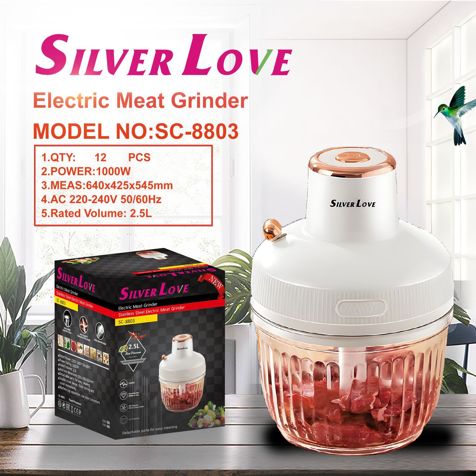Exportación de comercio exterior Europa molinillo de carne de vidrio doméstico cocinador eléctrico multifuncional molinillo de cocina 2.5L