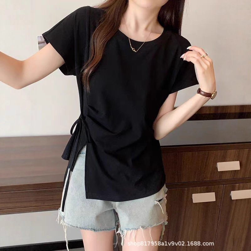 ミルクイエローの右肩半袖Tシャツ女性用2025夏大きいサイズファットmmウエスト不規則な巨大痩身パーソナライズトップ|undefined