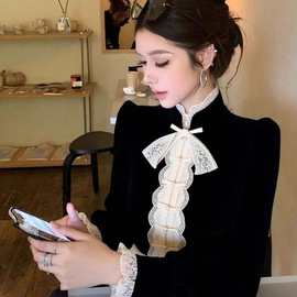 新中式国风黑色丝绒衬衫女秋冬季内搭巨好看漂亮气质掐腰上衣百搭