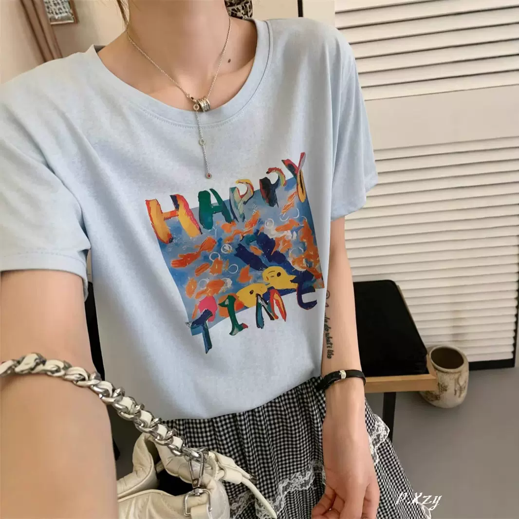 BK夏季新品韩版休闲女式短袖圆领T恤简约可爱卡通薄棉小衫女百搭