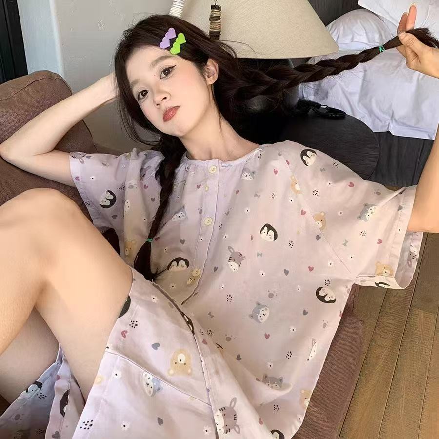 2025 lindo traje de pijama de lunares de oso de estilo ins para mujer cárdigan de cuello redondo de verano suelto y se puede usar en el hogar