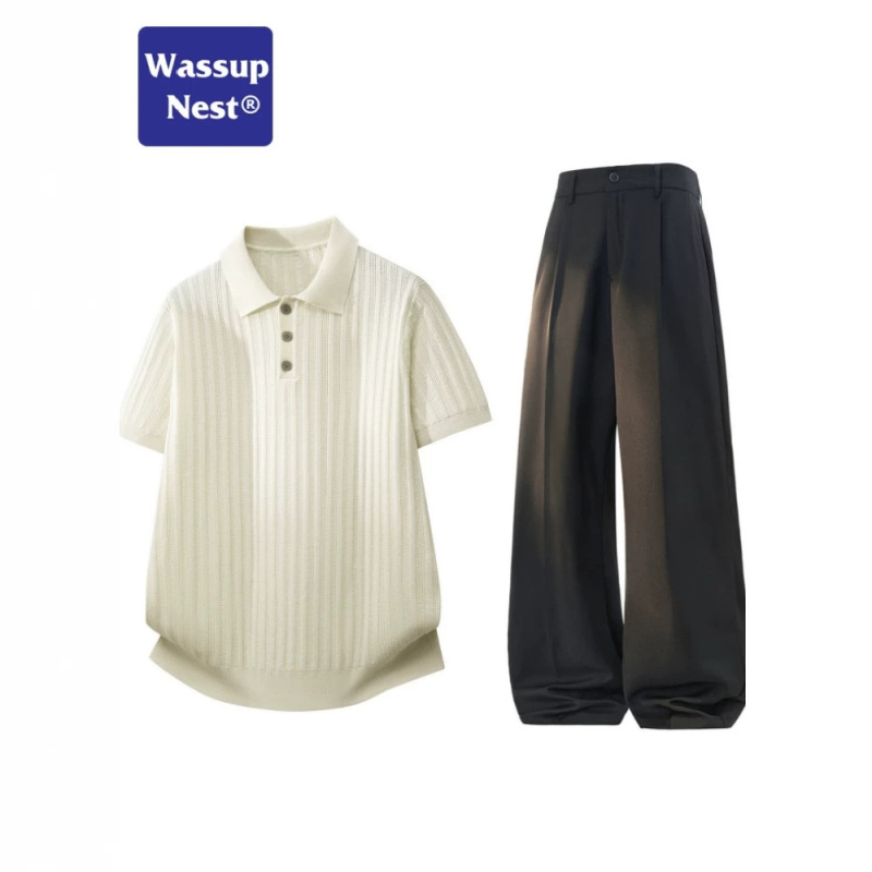 Wassup Nest Old Money Style Knitted Casual Suit Men's Summer High-End Light Luxury Short-Sleeved Polo Shirt Men's Clothing