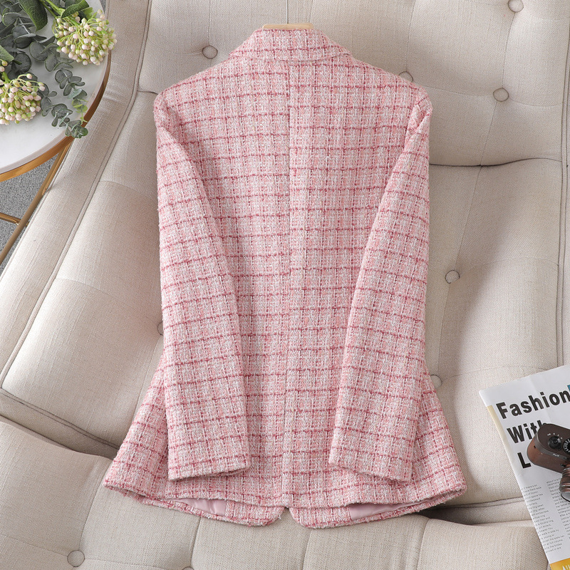 Chaqueta de Traje a Cuadros de Tweed para Mujer Lana Sin Planchado para Otoño e Invierno