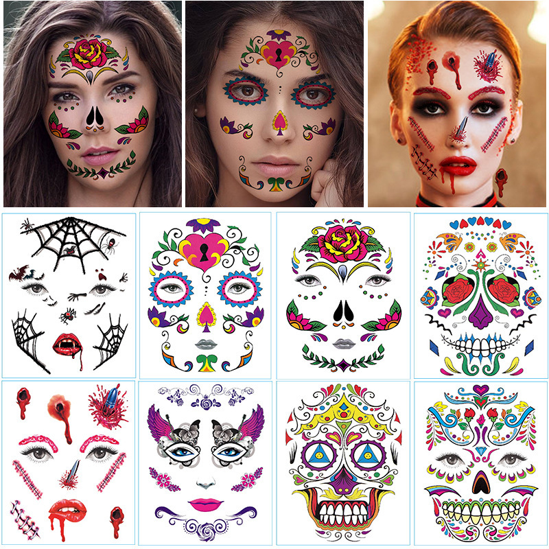 Cross-border Wholesale Halloween Face Tattoo Stickers New Day of the Dead Stickers Party Funny Waterproof Temporary Stickers Cross-border Wholesale Halloween Face Tattoo Stickers New Day of the Dead Stickers Party Funny Waterproof Temporary Stickers