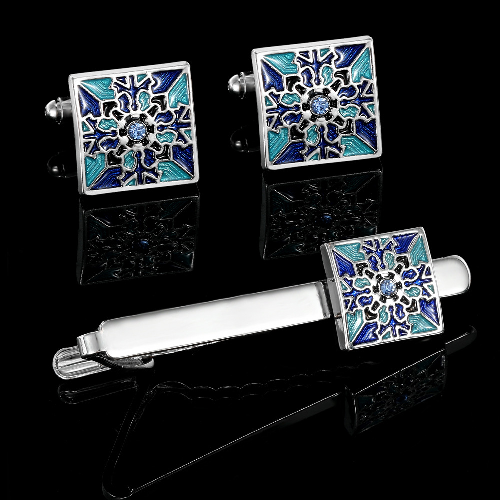 Cufflinks And Tie Clip Set With Blue Pattern For French Shirts_voghion.com