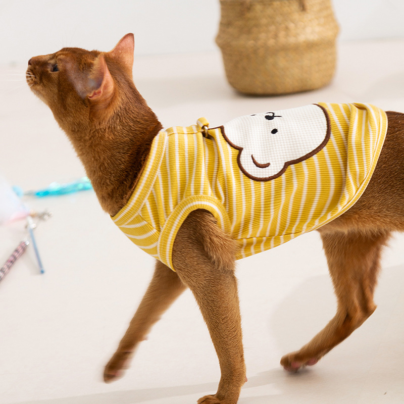 Gato primavera y verano coreano lindo boca inclinada oso chaleco de dibujos animados rayas perro Teddy perro pequeño ropa de mascotas