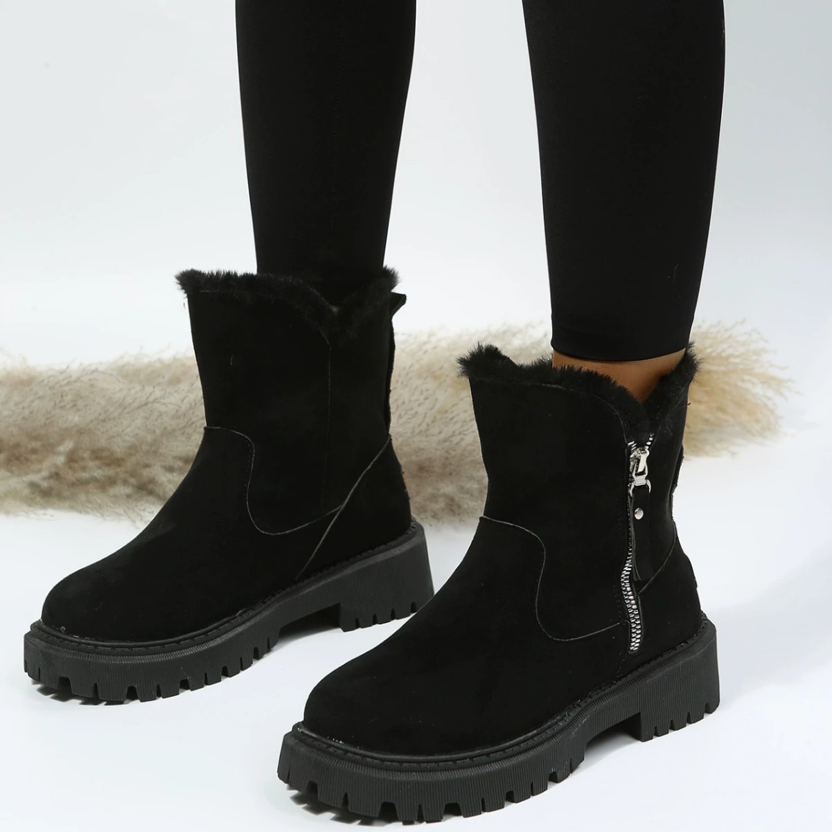 Замки зимние ботинки с высокой флисовой подкладкой (Martens) — досуг ботинки на щиколотку, тёплые, абрикосовый/черный, EU 35–42