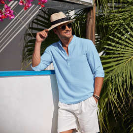 跨境亚马逊新款男式衬衫春秋高弹皱翻领长袖纯色商务衬衫上衣男装