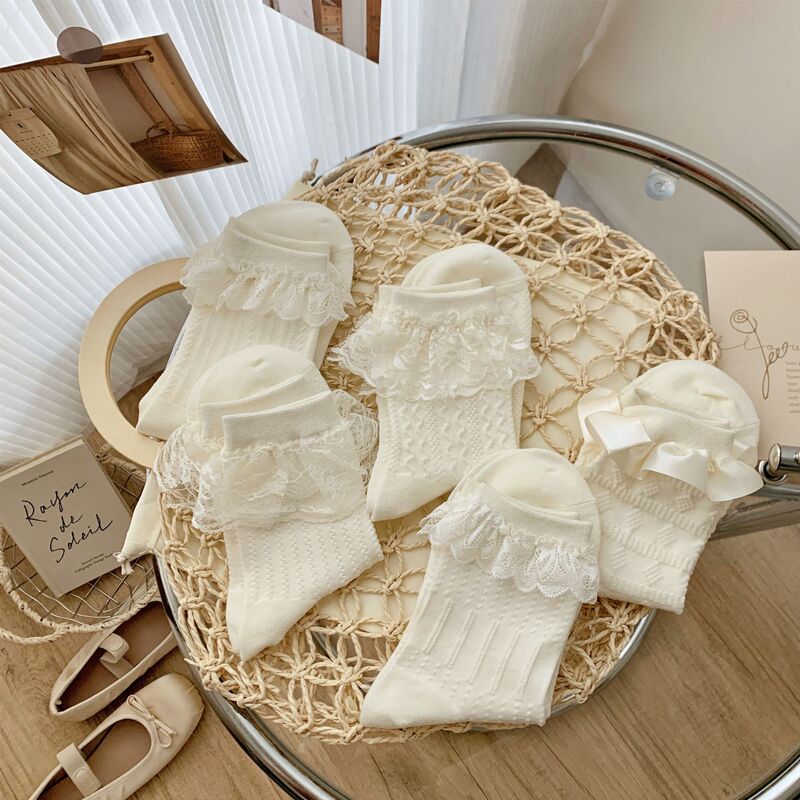 lolita lolita socks women's spring and summer thin flanging women's mid-calf length socks jk college style lace girl stockings