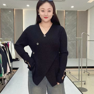 Plus size women's clothing fashionable slimming sweater autumn and winter New V-neck long sleeve cross sweater chic top