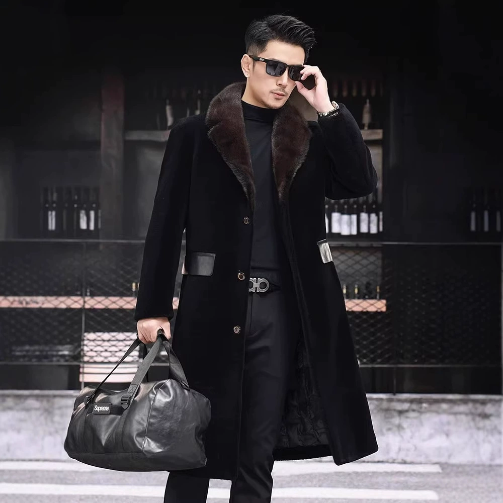 Woolen long velvet trench coat, down jacket, genuine leather