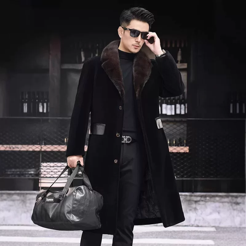 Woolen long velvet trench coat, down jacket, genuine leather