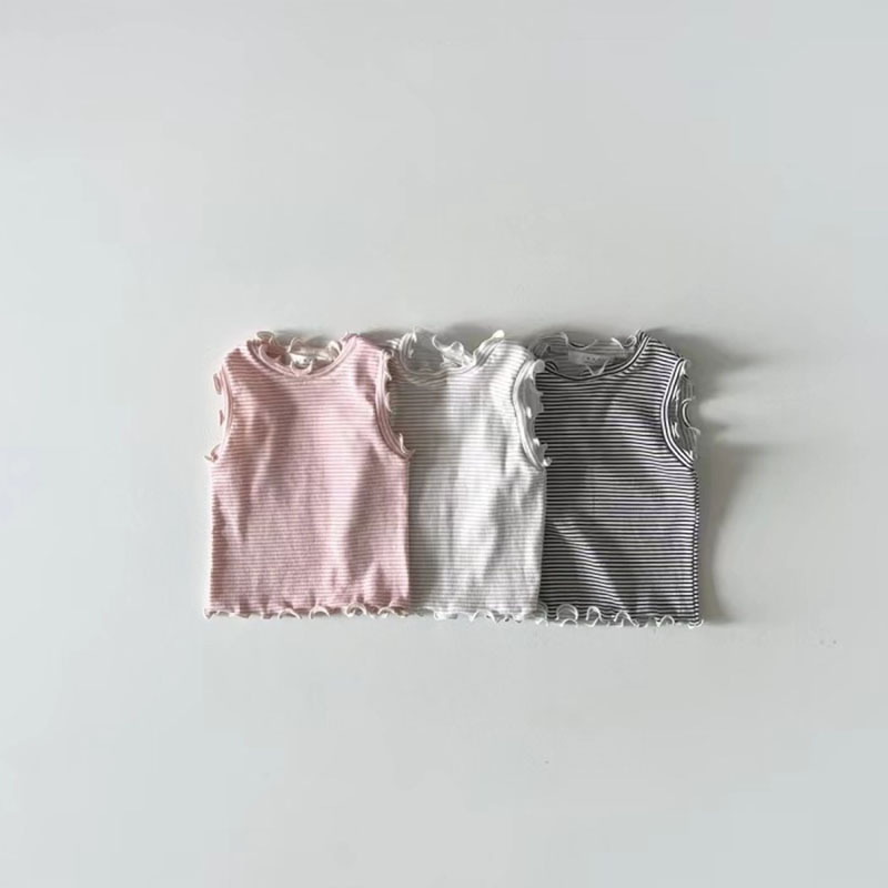 Estilo coreano ins infantil ropa para niños verano algodón fino fresco oído de madera chaleco bebé color sólido rayas moda camiseta sin mangas