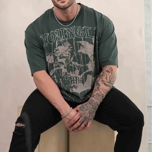 US YoungLA Men's Plus Size Cotton Crew Neck Loose Short Sleeve Gym Sports Fitness 240 Fabric T-Shirt