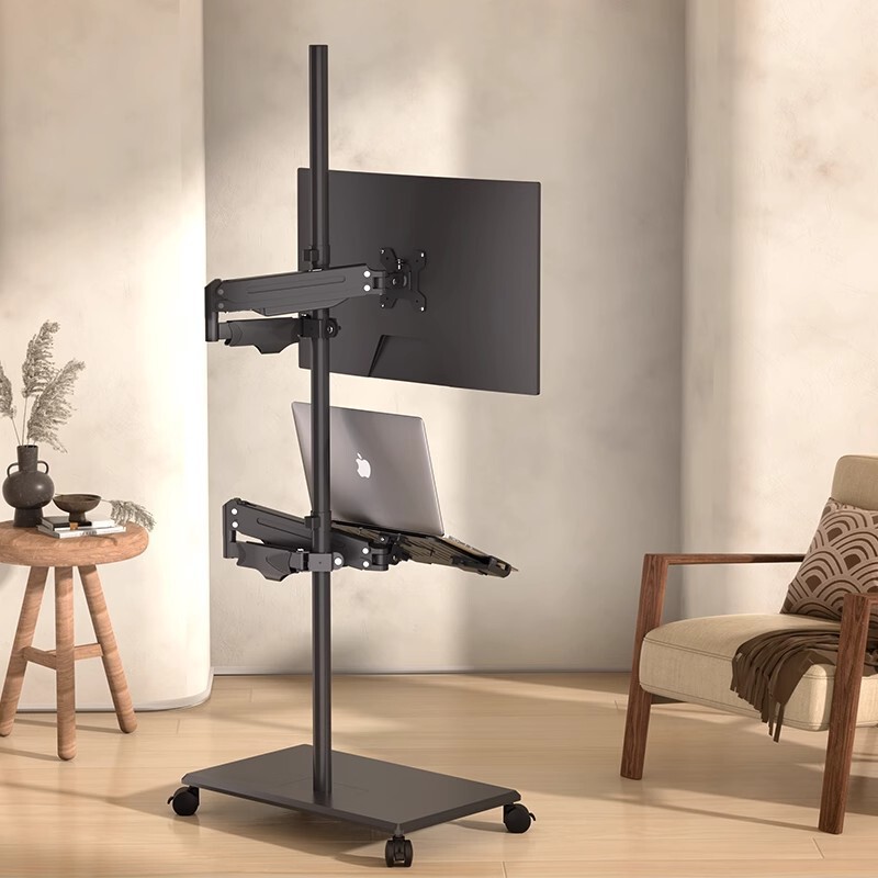 Floor-standing monitor stand with adjustable height, workbench with keyboard tray, screen swivel, and retractable arm mount Floor-standing monitor stand with adjustable height, workbench with keyboard tray, screen swivel, and retractable arm mount