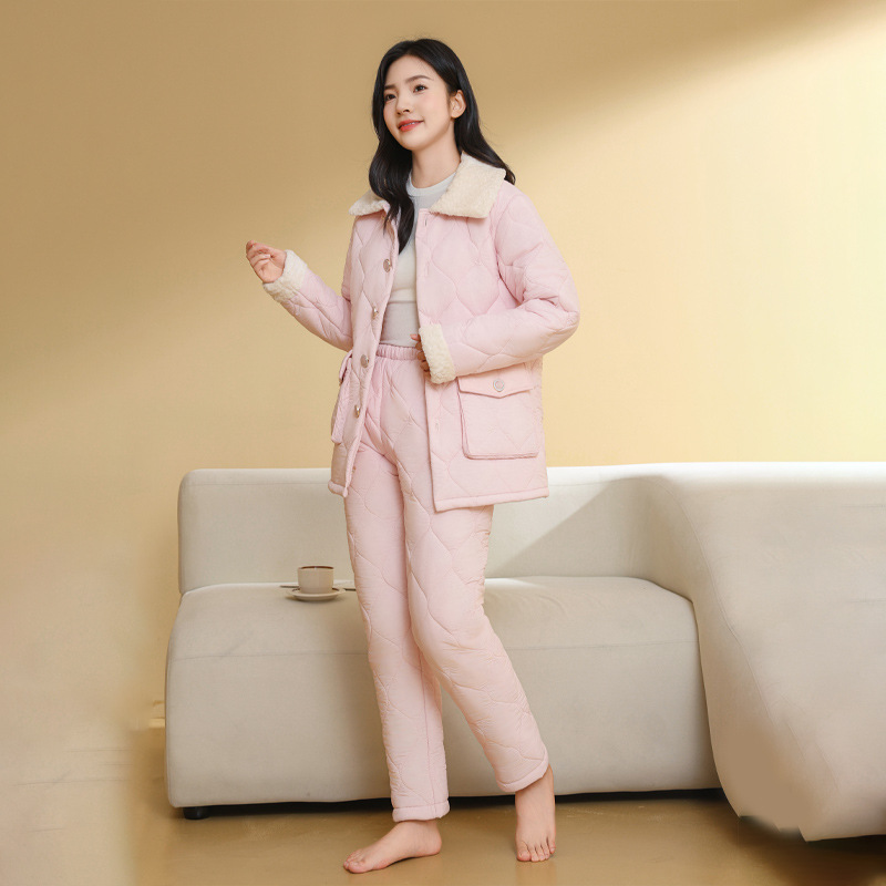 BA MANZI 가을과 겨울 새로운 여성 잠옷 실크 트랩 패브릭 옷깃 버튼 두꺼운 단색 홈 옷 따뜻한 세트