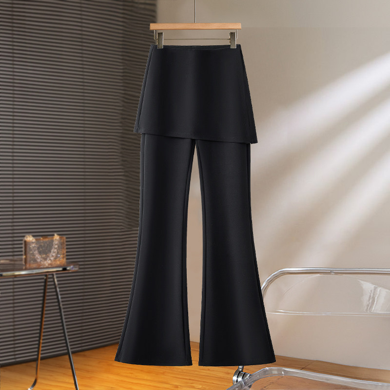Black Faux Two-Piece Flared Pants with a Skirt Overlay, Women's Summer 2026 New Style Patchwork Casual Pants, Straight-Leg Flared Pants