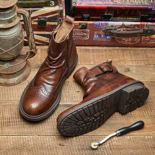 American Style Retro Genuine Leather Carved Brock British Style High-Top Cowhide Shoes Zipper Chelsea Martin Ankle Boots Men's Trendy