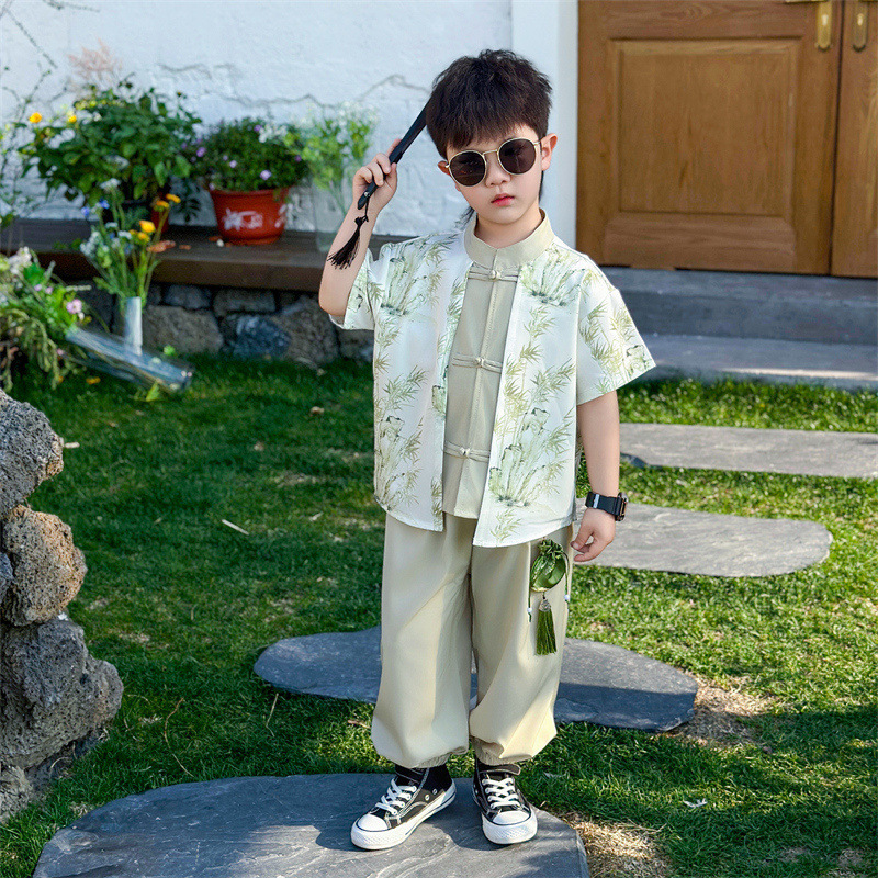 7303 Traje de estilo chino para niños Traje Tang mejorado de manga corta de verano Nuevo estilo chino para niños Traje de dos piezas de verano