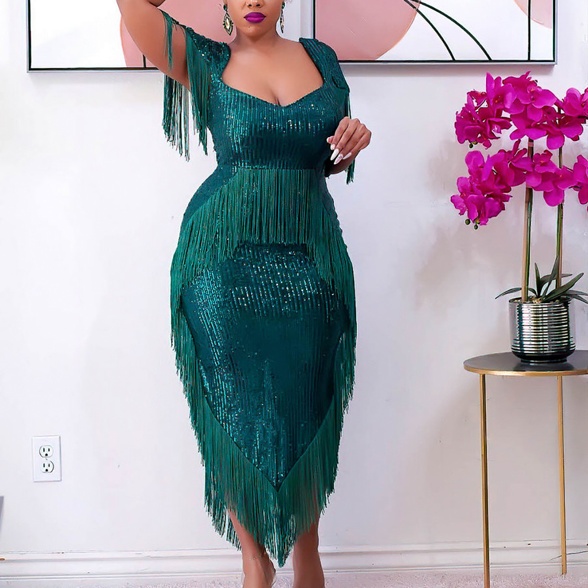 Elegant Women's Evening Dress With Sequins And Tassels For Party_voghion.com
