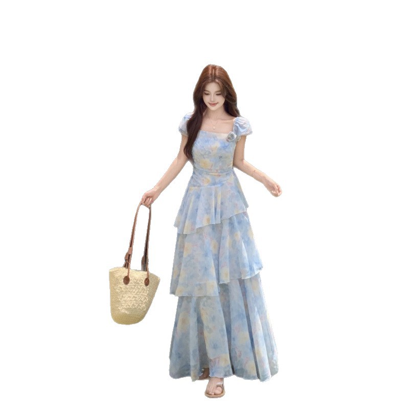 Transfronterizo 2026 verano nuevo estilo de moda francesa chica vestido de flores cortas de corte corte vestido de cintura delgado
