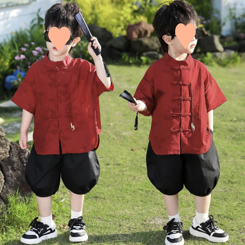 男の子の新しい中国風の漢服と唐服、中型と大型の子供用中華民国風刺繍レトロインターネットセレブ花柄シャツスーツラウンドネックトレンディ|undefined