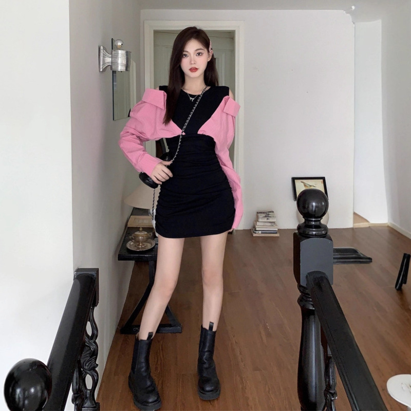 早秋装高级感拼接假两件露肩连衣裙女设计感小众修身包臀衬衫裙子|undefined