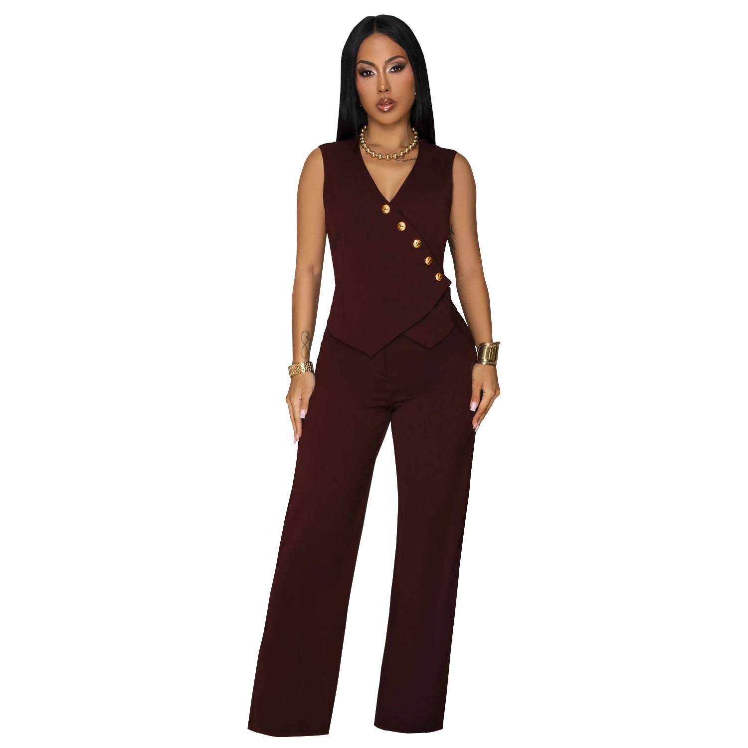 C7496 Aliexpress transfronterizo Amazon Europa y América moda de mujer casual sin mangas v-collar chaqueta pantalones largos de dos piezas nuevo