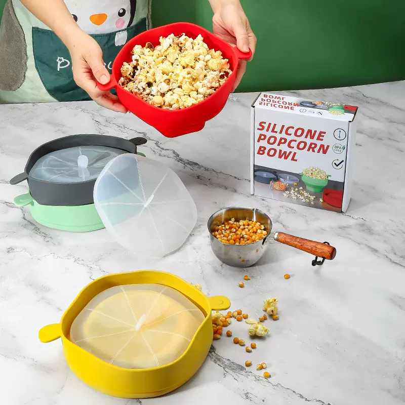 硅胶爆米花桶 带手柄硅胶爆米花碗 微波炉烤箱折叠爆米花桶