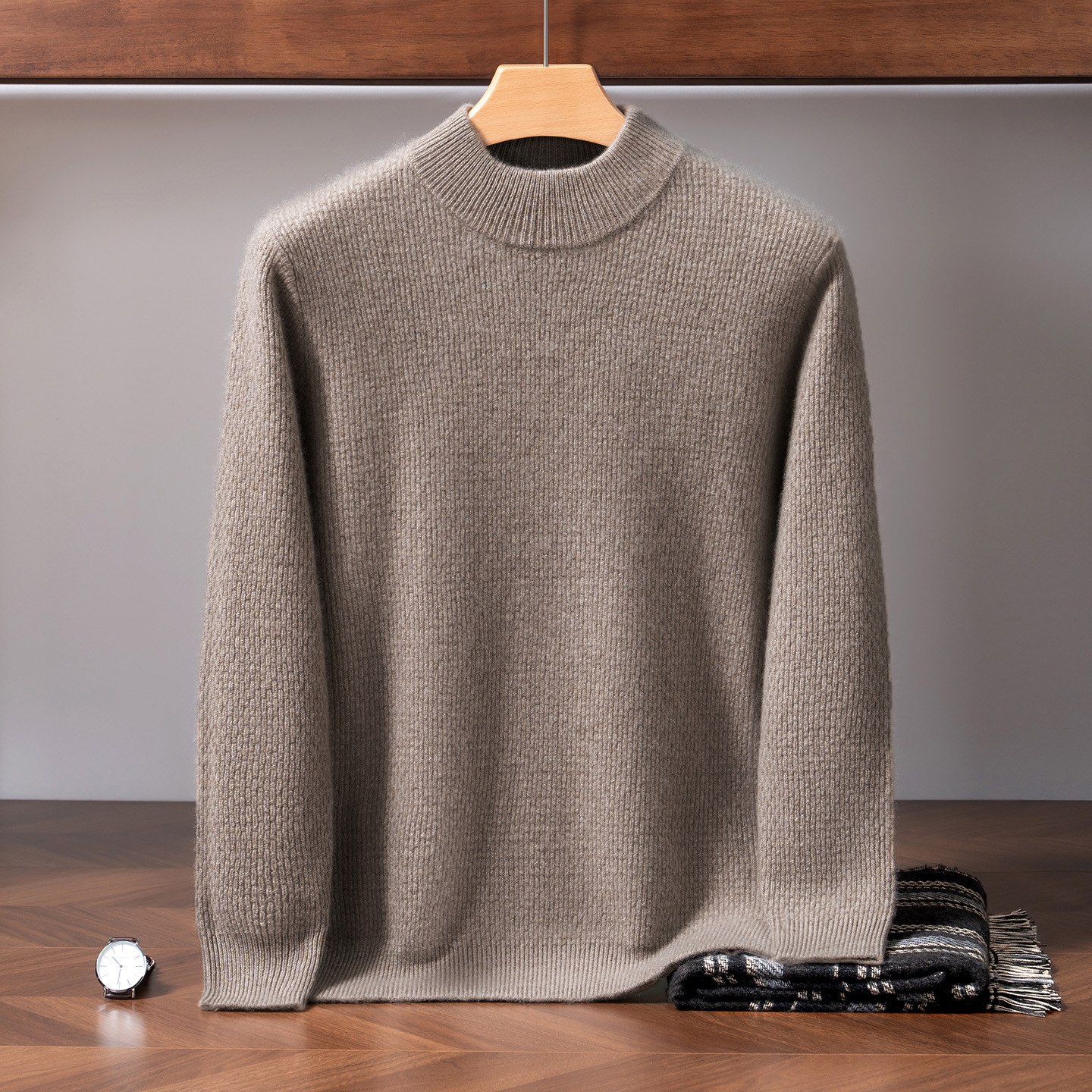 100% cashmere pullover sweater, men's thick and warm high-neck cashmere sweater, high-end men's cashmere sweater