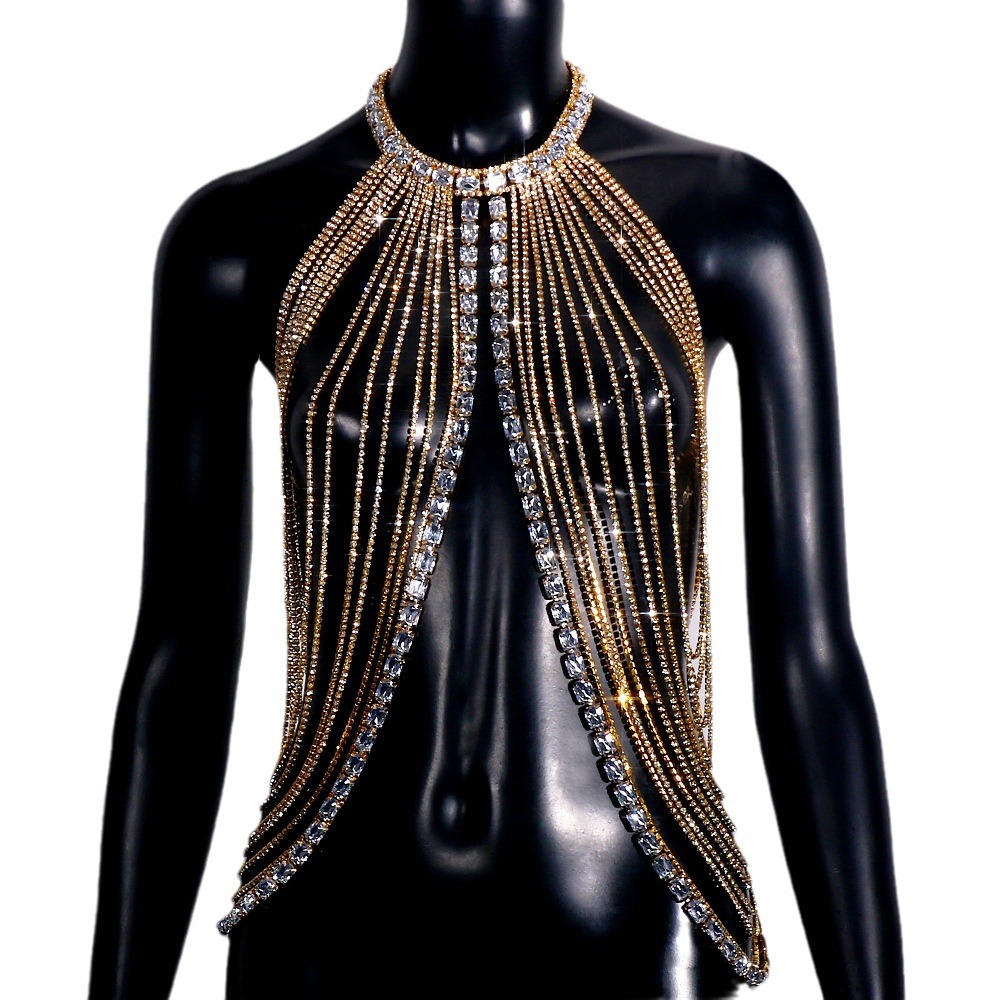 Nueva Cadena de pecho de diamantes de imitación transfronteriza europea y americana sexy multi-capa borla Halter Cadena de pecho accesorios de lujo Cadena de cuerpo