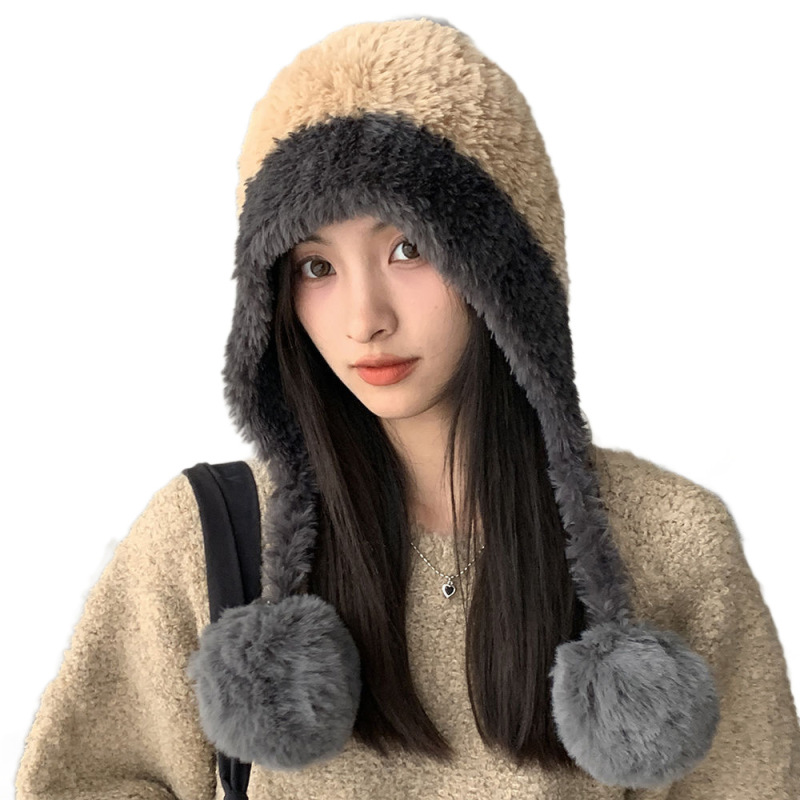 冬季针织帽大头围毛绒挂球可爱护耳帽子女遮耳加绒加厚拼色防风|undefined
