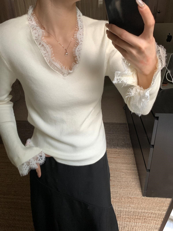 绝美法式气质蕾丝v领打底衫女秋冬喇叭袖上衣高级感针织毛衣内搭|undefined