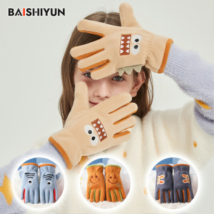 Children's gloves winter fleece-lined warm cold-proof five-finger cartoon cute boys and girls riding Primary School student gloves