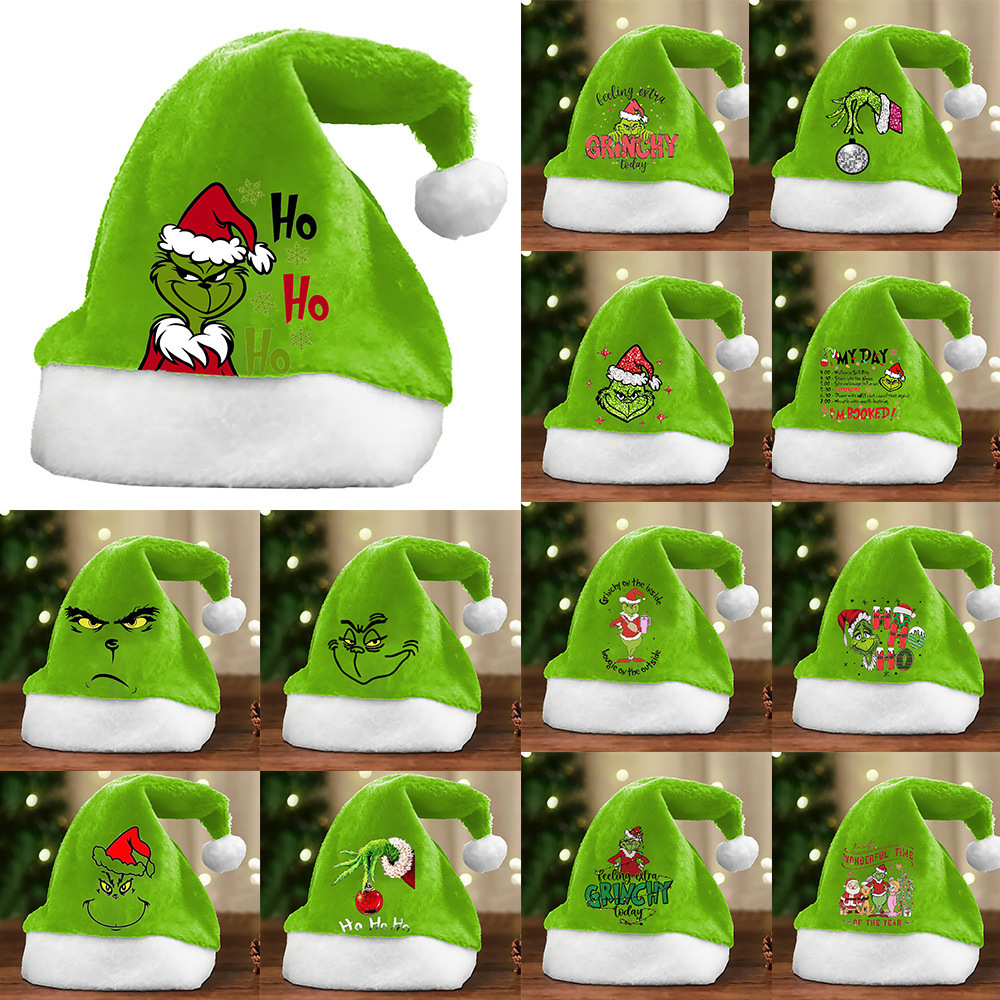 Christmas decorations thickened turn-up Christmas hat Grinch green hair strange children's adult double-sided velvet hat