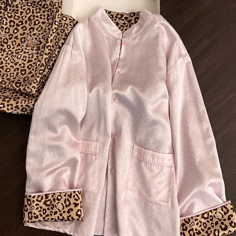 纯欲可爱豹纹凯蒂猫睡衣女秋季薄款大码冰丝长袖长裤家居服套装|undefined