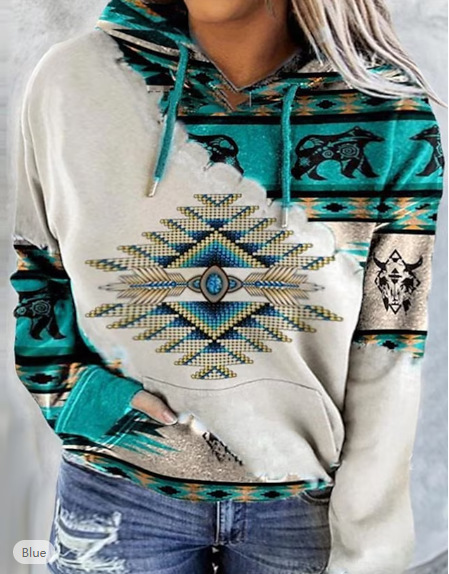 Plus Size Korean Version New Leer Loose Comforable Top For Women Colorful Paern Prined Drawsring Hooded_voghion.com