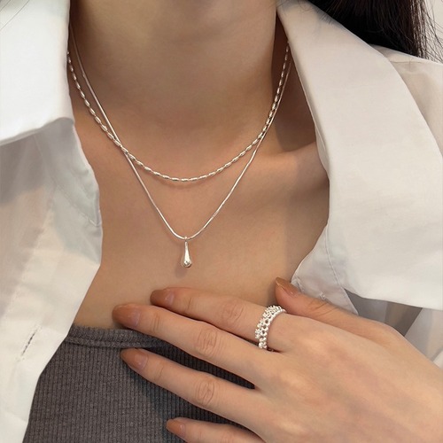Minimalist Cold Aura Water Drop Pendant Necklace for Women, Fashionable and Personalized, Versatile and Elegant, S925 Silver Double Layer Clavicle Chain Collar Necklace