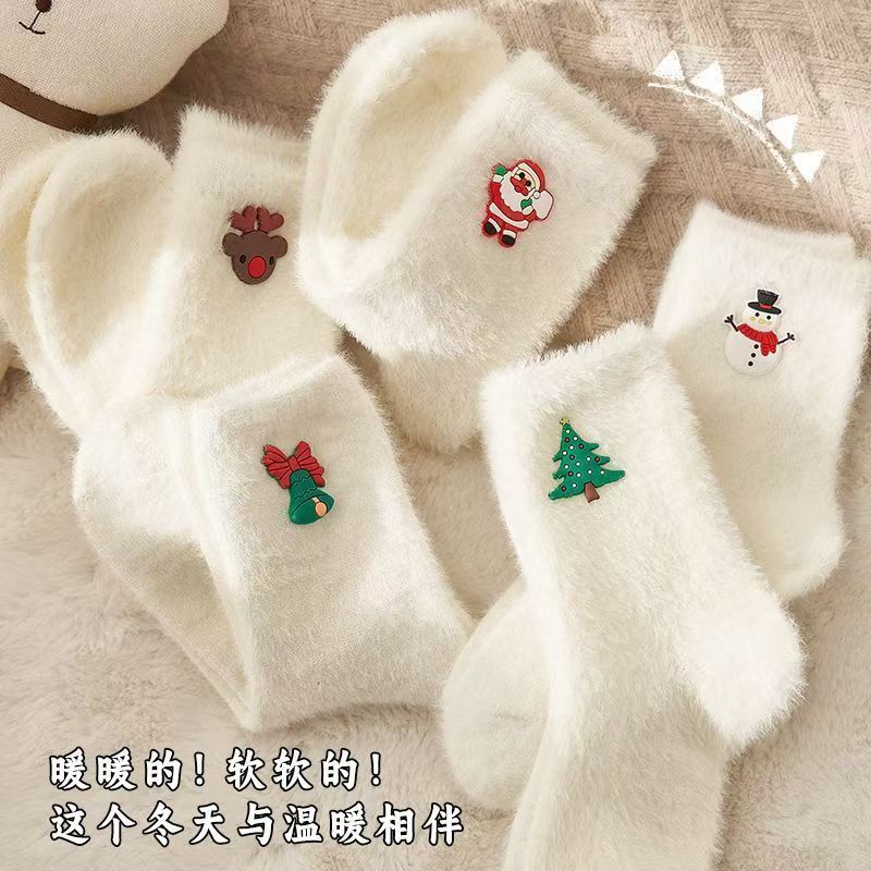 秋冬款袜子女白色水貂绒圣诞袜雪人圣诞老人圣诞树元素加厚保暖袜|undefined