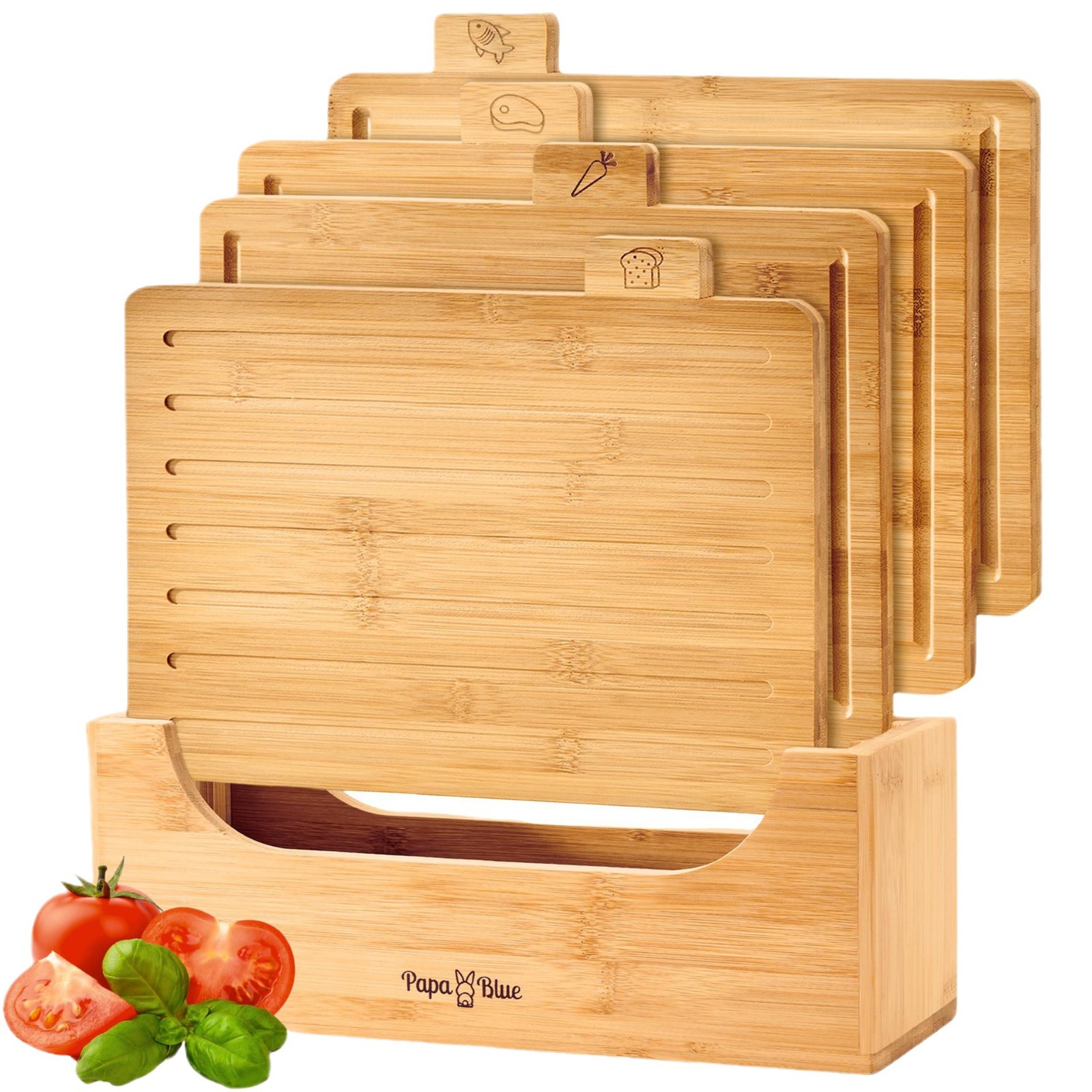 Cocina de madera de bambú tablero de corte de 4 piezas conjunto de tablero de corte de carne compartimiento tanque de jugo con icono de alimentos pan verduras frutas