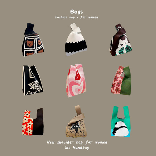 Women's New Instagram Influencer Trendy Knit Wool Bucket Bag Handheld Leisure Tote Bag Box Lunch Bag Wholesale