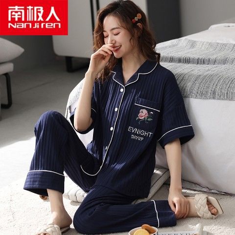 100% pijamas pantalones de algodón de manga corta de verano para mujer cardigan más el tamaño de algodón suelto ropa de casa de dos piezas