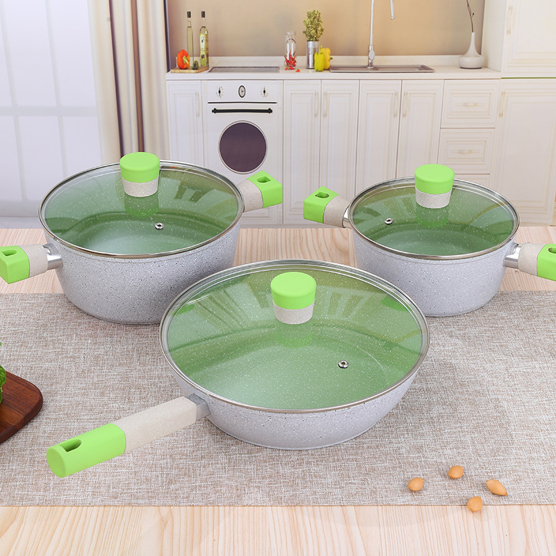 Transfronterizo de seis piezas fluorescente verde sartén aluminio hogar cocina antiadherente pan regalo olla traje