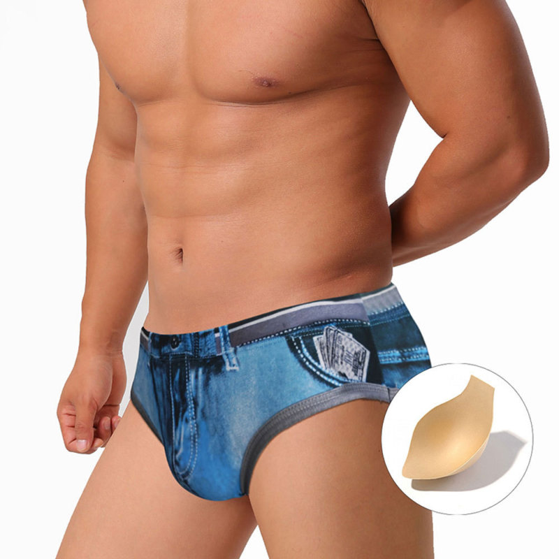 Uxh Cross-Border Men's Sexy Swim Briefs Wholesale Triangle Swim Briefs with Cup-Shaped 3D Faux Denim Print Beach Briefs