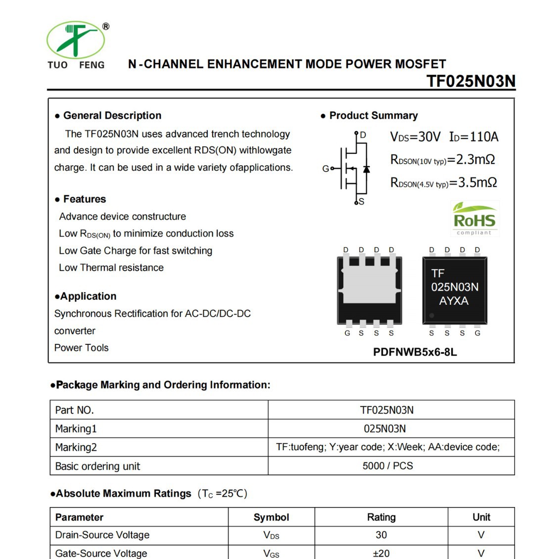 拓锋TF025N03N: DFN5*6-8  30V 110A NMOS