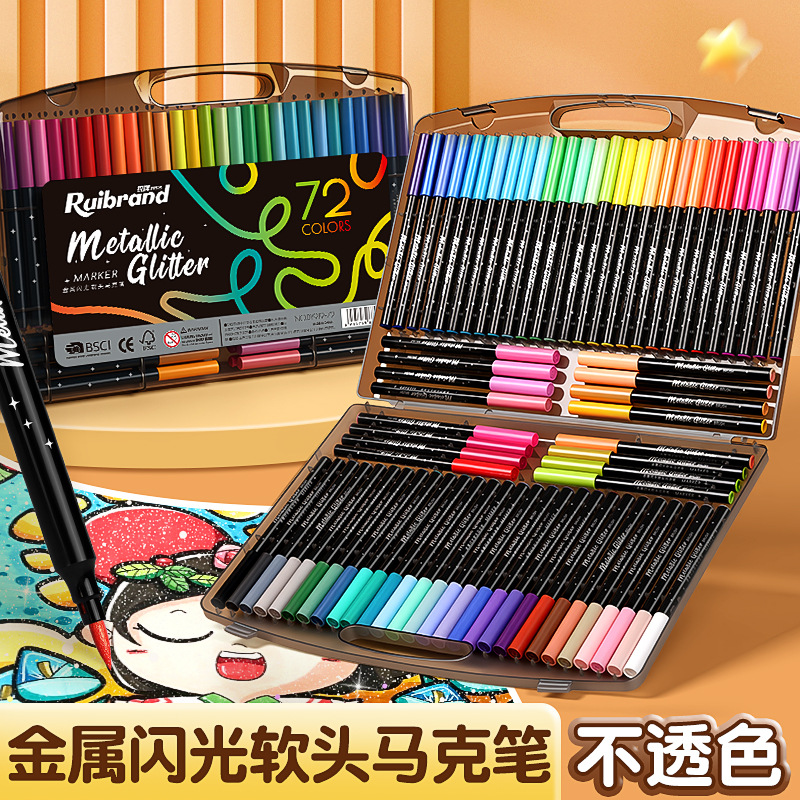 Glitter acrylic markers for kindergarten drawing, special soft-tip art pens for elementary school students, stackable colors, bright and shiny colored pens